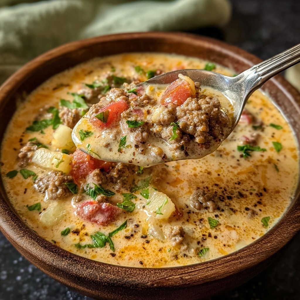 Slow Cooker Cheeseburger Soup Comfort Bowl